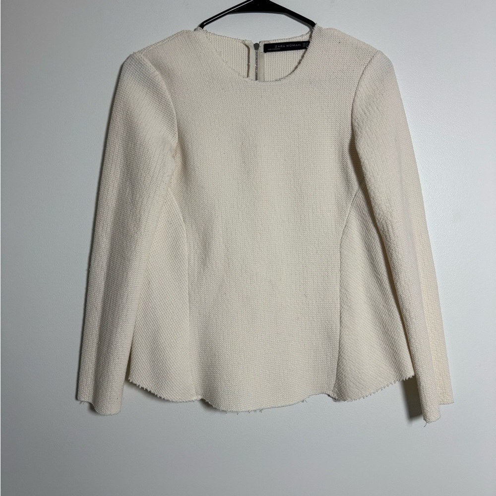 Zara Cream Textured Peplum Top Long Sleeve Zip Back XS